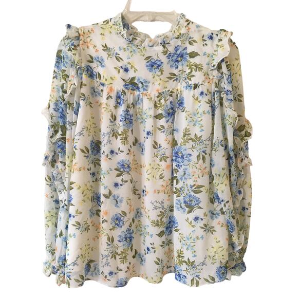 NWT Sugarlips Small Blue & Yellow Floral Ribboned Ruffled Long Sleeves Top - Picture 2 of 3